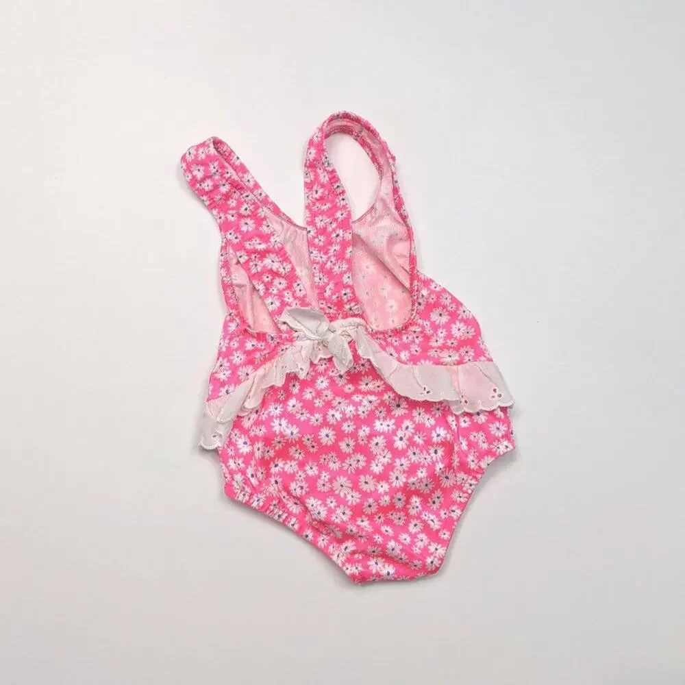 Vintage Swimsuit Baby Girls Sz 12m Pink Neon 80s 90s Ruffle